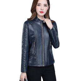 Faux Leather Coat Women Autumn Korean Short Slim XL-6XL Plus Size Black Yellow Long Sleeve Fashion Fishtail Plaid Jacket JD310 210201