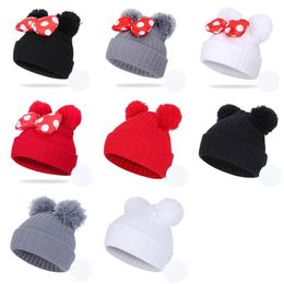 Boys And Girls Striped Knit Beanie With Double Pom-pom Balls Cute Bowtie Lovely Ears Design