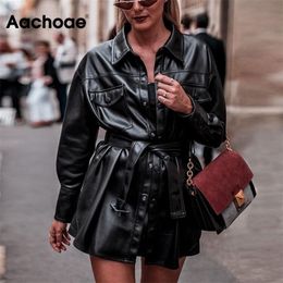 Aachoae Faux Leather Jackets Women Long Sleeve Tie Belt Waist Streetwear Coats Ladies Fashion PU Leather Shirt Jacket Tops 201224