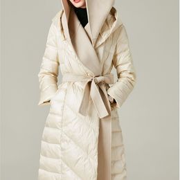 Obrix Female Duck Down Filler Warm Jacket Hooded Knee Length Cashmere Full Sleeve Coat Belt Winter Parka For Women 201017