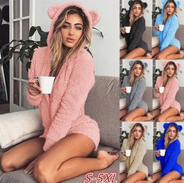 17 Colors Women Cartoon Sleep Clothes for Adults Autumn Winter Hooded Ear Fleece One-piece Pajama Cute Velvet Jumpsuit Pajamas BY1644