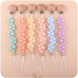 Baby Pacifier Holders Wood clip Sweet Candy Colour Silicone Beads Pacifiers Infant Feeding Practise Toys