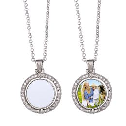 Diamond Sublimation Blank Pendant Necklace Rotatable Double Sided Heat Transfer Metal Necklace DIY Fashion Jewellery Gifts