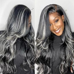 Grey Highlight Wigs For Women Glueless Human Hair White and Black Mixed Coloured Loose Deep Wave 13x6 Lace Frontal Wigs