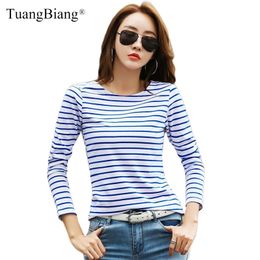 Women Plus size Striped Long Sleeve T Shirt Ladies Slim Cotton Winter soft t-shirts Casual Fashion O-Neck Autumn Tops S-5XL 201028