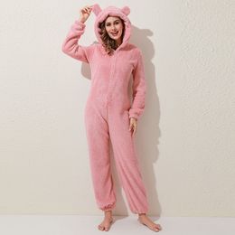 Winter Warm Pyjamas Women Onesies Fluffy Fleece Jumpsuits Sleepwear Overall Plus Size Hood Sets Pyjamas For Women Adult 201109