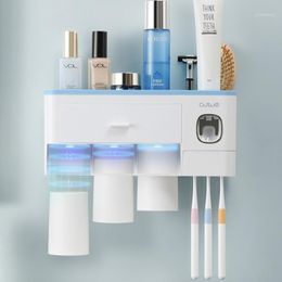 Bath Accessory Set Toothbrush Holder Automatic Toothpaste Dispenser With Cup Wall Mount Toiletries Storage Rack Bathroom Accessories Set1