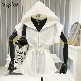 Neploe Jumpsuit Women Loose Casual Hooded Collar Short Sleeve Romper Streetwear Casual Slim Waist Wide Leg Playsuits 1E235 T200704