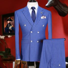 mens suits with pants double breasted new arrivals slim fit men suit summer groom wear blue stripe blazer pant 3xl plus 201105