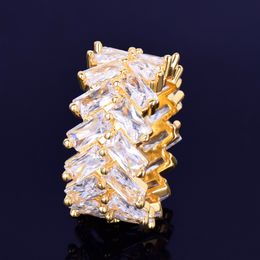 2 Row Baguette Zircon Men's Ring Copper Charms Gold Colour Iced RING Fashion Hip Hop Rock Jewellery