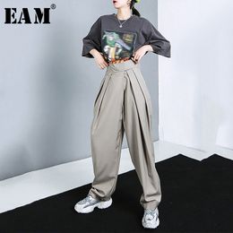 [EAM] High Waist Army Green Pleated Long Wide Leg Trousers New Loose Fit Pants Women Fashion Tide Spring Autumn 2020 LJ201030