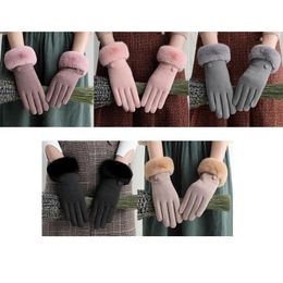 Women Driving Full Finger Gloves Button Decor Plush Lined Touch Screen Mittens