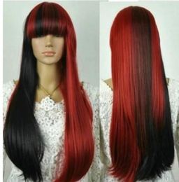 CStylish black mix red long straight women's wig