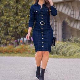 Casual Dresses Women Vintage Long Sleeve Button Up Knee Length Pencil Denim Dress Active Wear Bodycon Midi Jeans Belt Vestidos