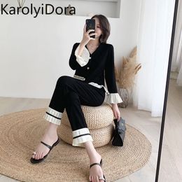 Women Autumn Knit Flare Sleeve Cardigans Loose Pleated Hem Pants Sets V Neck Single Breasted Knitted Tops Ankle-Length Pant Suit 210218