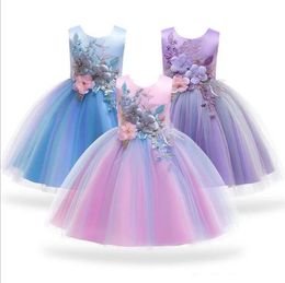 High Quality Ball Gown Jewel Ankle Length Tulle 3 D Flowers Embroidery Flower Girls Dresses Cute First Communicate Party Gowns