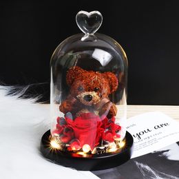 Eternal Preserved Fresh Rose Lovely Teddy Bear Moulding Led Light In A Flask Immortal Rose Valentine's Day Mother's Day Gifts Y1128