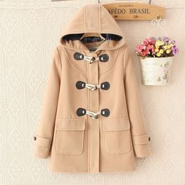 Duffle Coat Long Turn Down Horn Button hooded collar long woolen women's jacket college wind winter windproof warm coat women 201103
