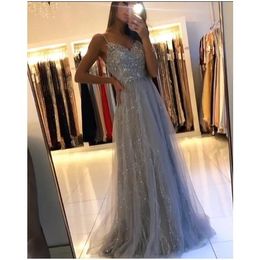 2020 glaring new A-Line grey Prom Dresses with crystal spaghetti straps backless ruched sequined bodice Sweep Train evening gowns