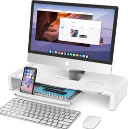 Monitor Stand Riser, AboveTEK Foldable Computer Monitor Riser, Computer Stands Desk Shelf with Storage Drawer, Laptop, Save Space (White)