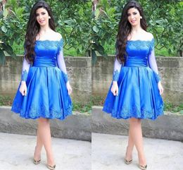 Royal Blue Short Homecoming Dresses With Long Sleeve Bateau Neck Party Dress Off The Shoulder Knee Length Prom Gowns With Lace P39