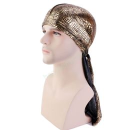 Printed Gold Men's Durag Long Hip-Hop Bandanna Cap Elastic Headband Pirate Hat Colorful Caps