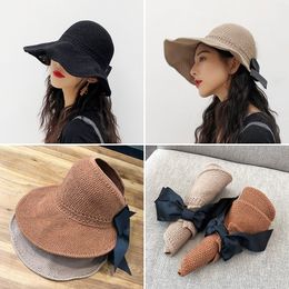 four seasons new ladies knitted hat net red foldable sun shade hat female bow empty straw hat Y200714