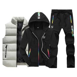 Men Tracksuit Outfit Sweat Suit Winter 's Clothing Sets 3 Pieces Vest Hoodie Set Fleece Zipper Casual Sport Sweatpant 220310