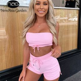 NewAsia Elastic Clothes Set Summer Fitness 2 Pieces Set Women Drawstring Strapless Crop Top And Shorts Jogging Tracksuit Outfits T200701