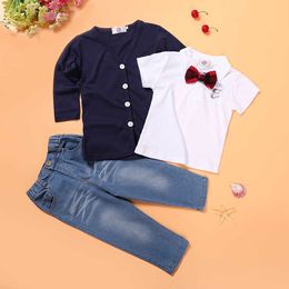 Set New Clothing Autumn Children Cardigan+T-shir+Jeans 3pcs Boys Clothing Set Baby Suit