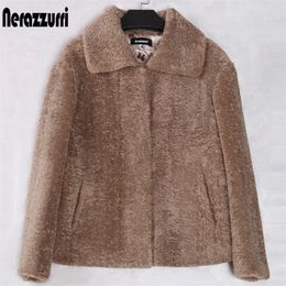 Nerazzurri winter clothes women Short light soft karakul sheep fur coat women long sleeve turndown collar Plus size fashion 201029