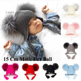 LAURASHOW New Autumn Winter Baby Beanie With Lining 16 CM Real Fur Pompoms Warm Sleep Wool Cap Kids Clothing Accessories Hat Y200110