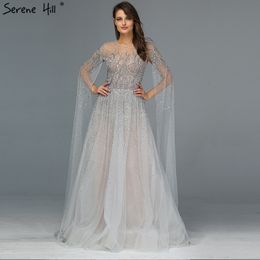 Silver Grey Luxury Long Sleeves Evening Dresses 2020 O-Neck A-Line Sexy Evening Gowns Serene Hill LJ201123