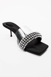 Sandali firmati Scarpe da donna Lusso Jessie Slide Heel in Crystal PVC - Tacco a spillo nero Punta quadrata EU33-41 Con abiti da festa di nozze a scatola