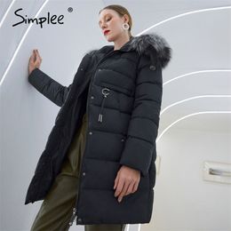 Simplee Warm elegant fur collar women coat jacket Casual new design pocket parka Fashion navy female winter windproof jacket 201214