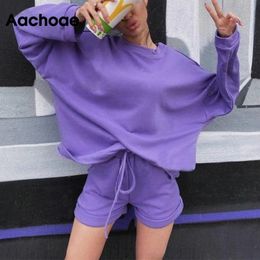 Aachoae Solid Loose Sport Suit Woman Batwing Long Sleeve Oversize Pullover Hoodies+Drawstring Pleated Shorts Outfits Tracksuits LJ201120