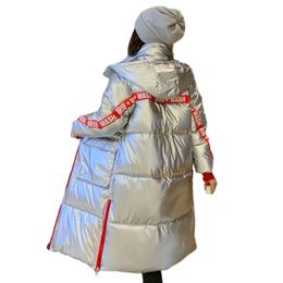Winter Long Jacket For Women Stand- Up Collar Parka Female Hooded Coat With Shining Fabric Long Warm Cotton Padded 201217