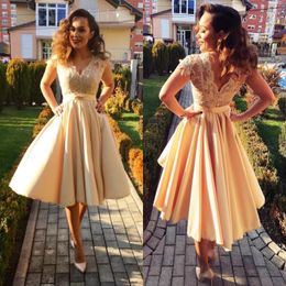 Champagne Prom Dresses Short Satin Scalloped V Neck A Line Sleeveless Knee Length Custom Made Tail Evening Party Gown Vestidos 403 403