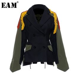 [EAM]Big Size Striped Contrast Color Pattern Print Jacket New Lapel Ribbon Loose Fit Women Coat Fashion Spring Autumn JZ521 201210