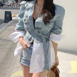 TWOTWINSTYLE Patchwork Casual Denim Jacket For Women Lapel Long Sleeve With Sashes Oversized Coat Female Autumn Fashion New 201210