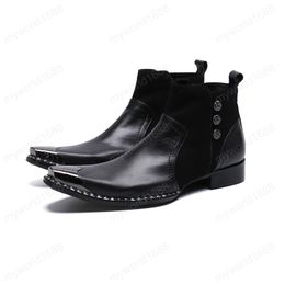 Men Rivets Zipper Ankle Boots Fashion Autumn Winter Real Leather Metal Pointed Toe Buckle Formal Boots