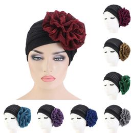 Muslim Headwear Flower Hat Women Turban Wrap Chemotherapy Cap Beanie Hijab Bonnet Women Big Flower Baotou Cap Bright Silk Cap