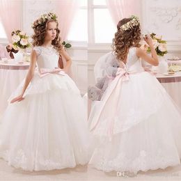 Princess Ball Gown White Lace Flower Girls Dresses For Weddings Cheap Tulle Belt Bow Knot Custom First Communion Dress Gown