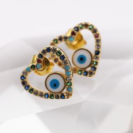 High Quality Gold Plated Brass Evil Eye Hoop Earring Multi Colour Micro Pave Heart Stud Post Earrings