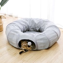 Grey Cat Toy Foldable Crossing Tunnel long Nest Cat Bed Environmentally Educational Pet Toy Round Suede Breathable Cat Bed LJ201125