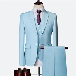 Light Blue 3 Pcs Mens Wedding Tuxedos Gentle Groom Wear Slim Fit Groomsmen Jacket Pants Vest Business Men Blazer