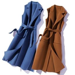 Elegant Wool Blend Long Vest With Belt Women Office Lady Notched Collar Pockets Cardigan Korean Sleeveless Waistcoat Gilet Femme 211220