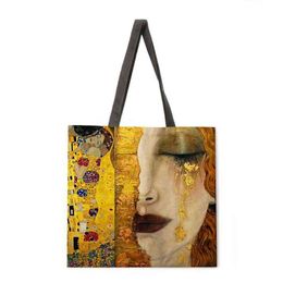 Shopping Bags Golden oil painting leisure tote bag linen reusable shopping outdoor beach 220301