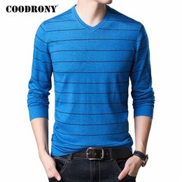 COODRONY Brand Sweater Men Spring Autumn V-Neck Pull Homme Cotton Wool Pullover Men Striped Knitwear Shirts Mens Sweaters C1047 201221