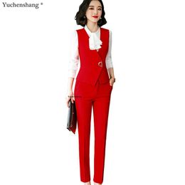 Elegant pant suit women red slim sleeveless vest blazer and pants two pieces set for office ladies work wear 201030